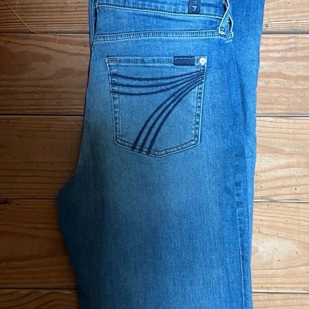 7 For All Mankind Women's Blue Boot Cut Jeans with Curved Pocket Stitching